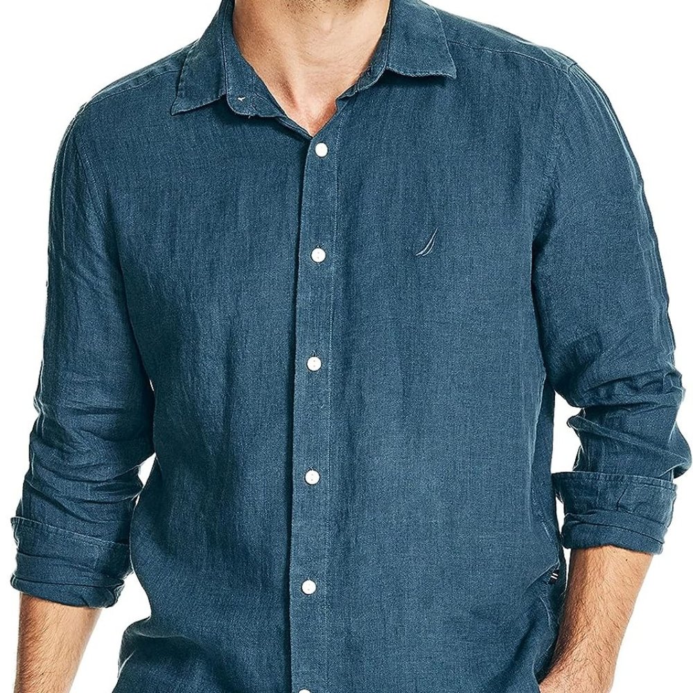 Nautica 100% Linen L/S Shirt S Blue NWT